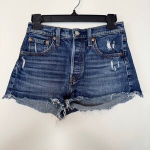 Levi's 501 High Waist Shorts Button Fly Jeans Denim Blue Distressed Fraying 25